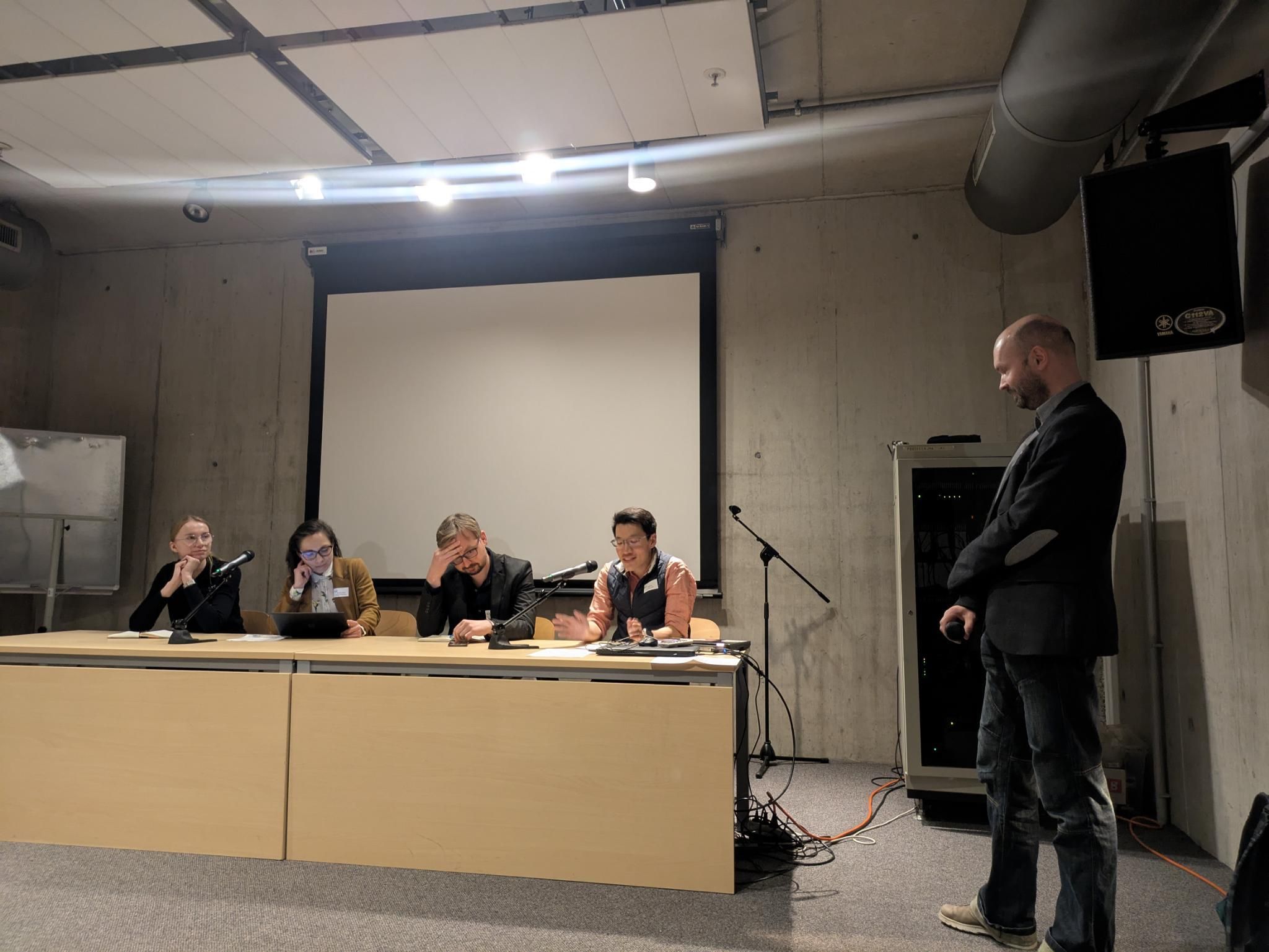FSF licensing and compliance manager Krzysztof Siewicz, Free Software Foundation Europe's Gabriel Ku Wei Bin, Open Science Platform's Jakub Szprot, Panoptykon Foundation's Katarzyna Szymielewicz, Fundacja Wolnego Oprogramowania Reszka's Anna Fajfer, and Wolne Lektury Foundation's Radoslaw Czajka at the May 2025 LibreLocal meetup in Warsaw, Poland
